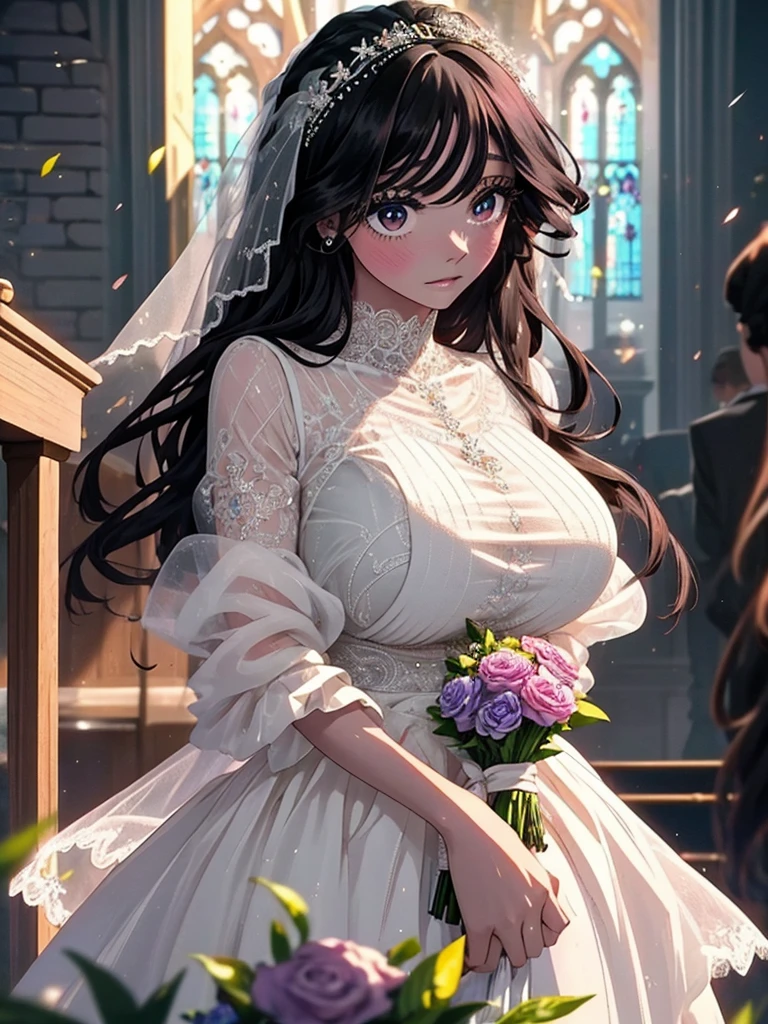 Beautiful black hair woman is shown to have a sexy figure. She is wearing a beautiful detailed wedding dress , jewelry, holding a bouquet of flowers, she has purple eyes, Girl standing in a church aisle, sexy session, front facing viewer, cowboy shot, superior quality, many details, realistic