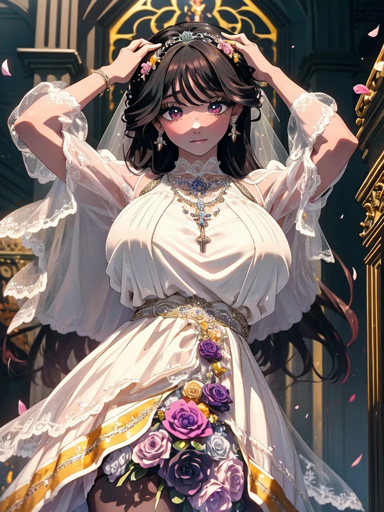 Beautiful black hair woman is shown to have a sexy figure. She is wearing a beautiful detailed wedding dress , jewelry, holding a bouquet of flowers, she has purple eyes, Girl standing in a church aisle, sexy session, front facing viewer, cowboy shot, superior quality, many details, realistic