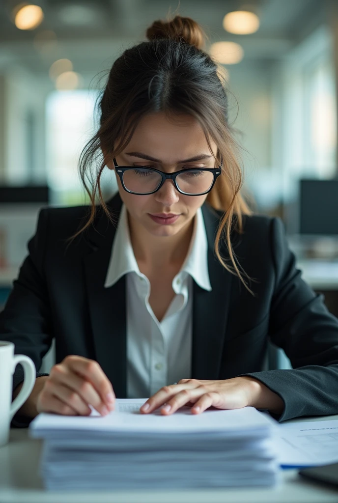 A hyper-realistic cinematic scene of a female office worker sitting at her cluttered desk, overwhelmed by a towering stack of files and paperwork. Captured with a Canon EOS R5 using a Zeiss Master Prime 50mm f/1.4 lens, the worker is dressed in a professional, slightly disheveled business outfit, with her glasses perched on her nose and a tired but determined expression on her face. The lighting is soft and natural, streaming in from a nearby window, casting gentle shadows and creating a warm yet subdued atmosphere. A shallow depth of field (f/2.0) focuses on her face and the nearest files, blurring the background into a typical corporate office setting with cubicles and computer screens. Papers are slightly askew, a coffee mug rests precariously near the edge, and her hands are mid-action, rifling through documents. The scene captures the everyday struggle and quiet resilience of office life, with a cinematic touch that highlights the relatable tension and perseverance of the modern worker