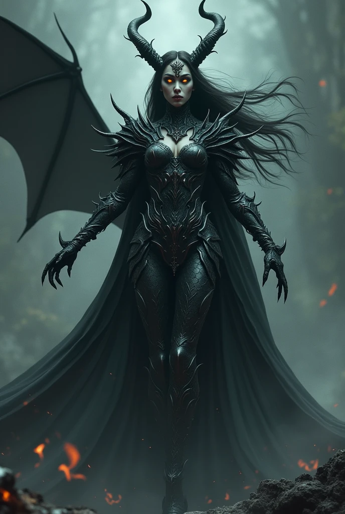a vampire warrior goddess, dark fantasy, highly detailed, dramatic pose, dramatic lighting, dramatic shadows, intricate armor, scales, horns, glowing eyes, fangs, claws, flowing hair, wind effects, cinematic composition, muted color palette, dramatic atmosphere
