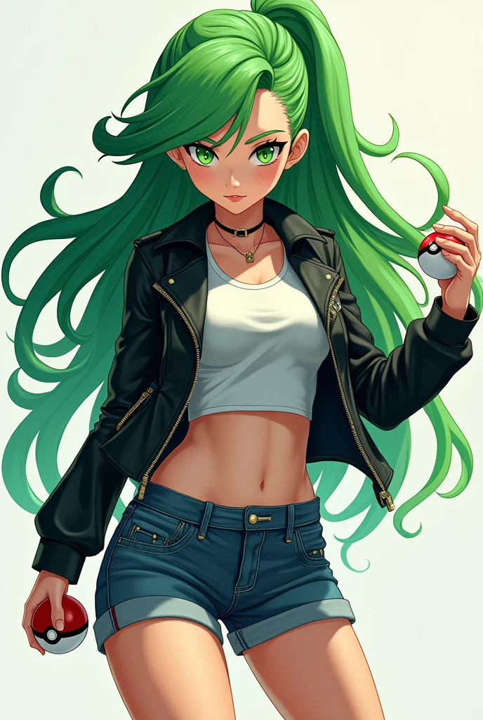 A beautiful woman wearing denim shorts, With a shirt and leather jacket, he has long green hair and green eyes, his eyes are sharp and narrowed., hold a pokeball, anime style