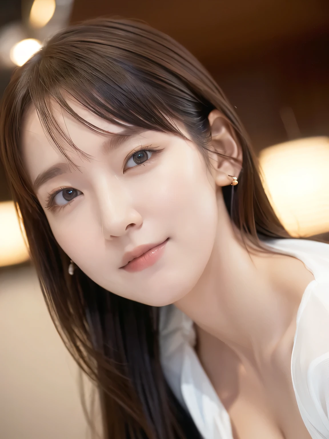 High resolution, Highest quality, Very detailed, Brown Hair, Natural smile, office, Cinema Lighting, shirts, Slightly large brests, (e-cup, )((nsfw, show off breasts, ))born, Professional photography, Cinema Lighting, Round Breasts, Background blur, セクシー, Yoshioka Riho, (Gaze), wide shot, pov, cowboy shot, close-up, masterpiece, high quality, Textured skin, masterpiece, super detail, highres