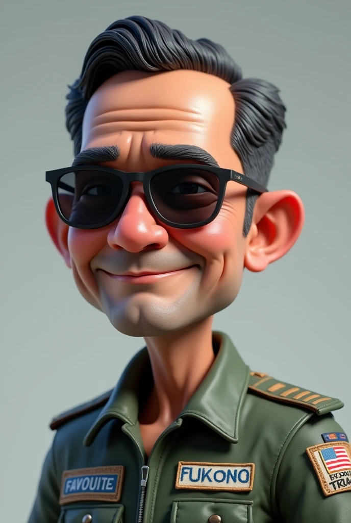 an indonesia man on his 40 , a calm yet deep face like a typical family man, top gun jet fighter pilot uniform , his name is tanto written written on his uniform left name tag, favourite trans written on right tag, using sun glasses, big head, 3d, short hair, portrait. grey background, 3d cartoon, caricature