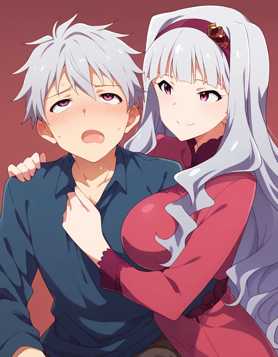 score_9, score_8_superior, score_7_superior, sauce_anime,
pinsuperior of 1girl,  (Vulgar,)   Two people，indoor， Sensitive，Browsing Caution，両足を持ちsuperiorげる，
 seven, Very long hair, Grey Hair, Wavy Hair, Blunt bangs, hair band, Purple eyes, Large Breasts, 
(((Queen，)))(((Big Futanari，)))((Femdom，Pegging，))Sweat，Ahegao，futa is male，，
Detailed eyes, Refraction of the eye,