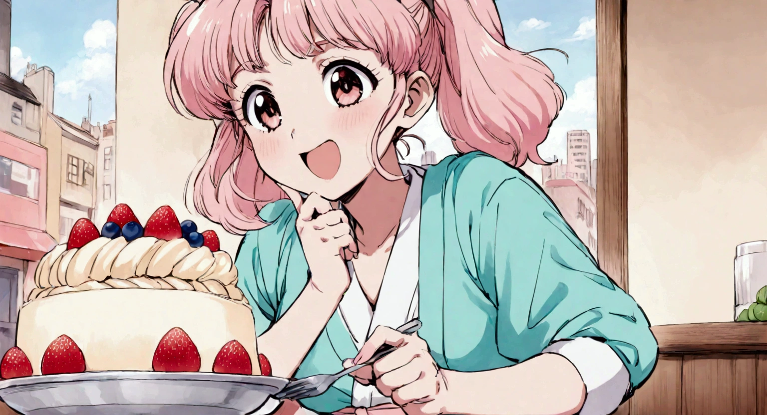 Anime Cute Japanese woman 80s ,Pastel,City Pop ,Making dessert