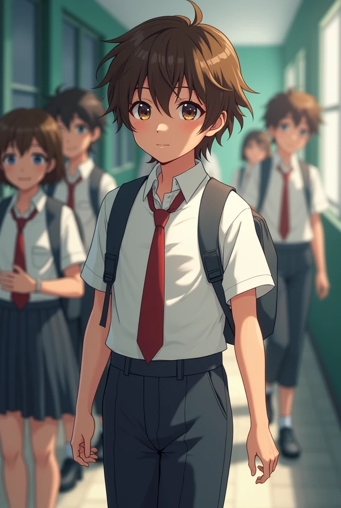 Taketo is a high school student with rather unkempt brown hair.
He is usually seen wearing a high school uniform.