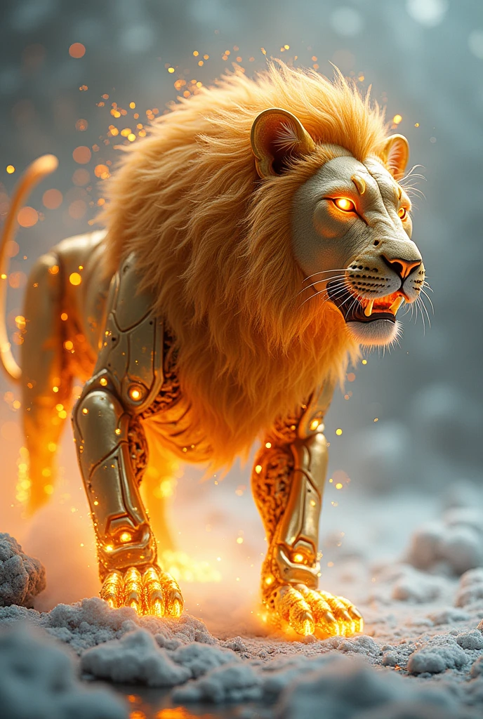 Make a golden and handsome cyborg lion out of fire and see ice around it