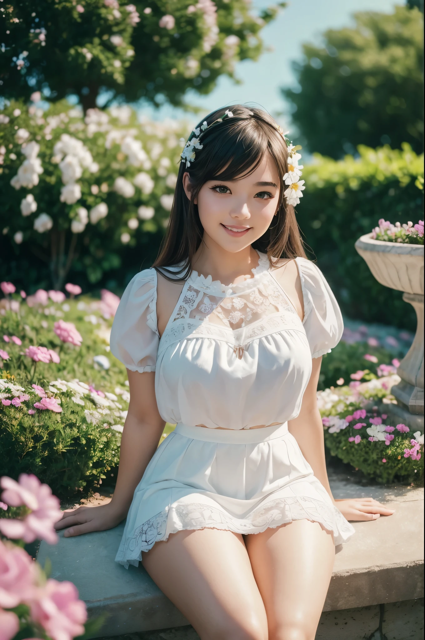 cute sexi girl, thick thighs, white short miniskirt ,lace miniskirt ,smile,flower garden,full body,sitting,sea in the distance,light particles,(Depth of field,cinematic angle,cinematic lighting:1.2),blurry background,blurry foreground,(masterpiece:1.2),(best quality:1.2),(very aesthetic:1.2),(absurdres:1.2),(detailed background),newest,intricate details
