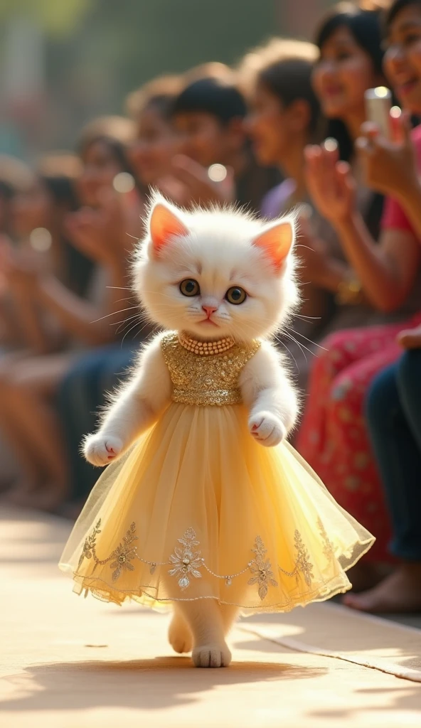 A white kitten dressed in a pastel yellow lehenga, complete with tiny pearl earrings and a matching choker, walks daintily on two legs down a runway. People in the crowd cheer and capture the moment with their cameras."