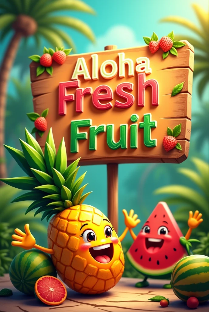 Aloha Fresh FRUIT sign with an animated pineapple and watermelon 

