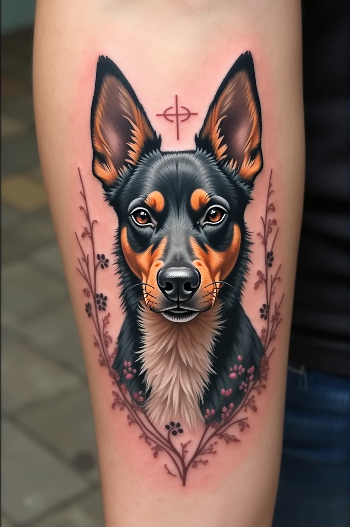A tattoo honoring a dog with its ears standing up 