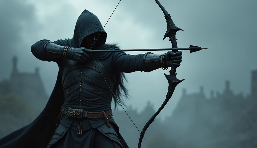 dark ranger with bow firing an arrow, masterpiece, super detail, anatomically correct, 16k
