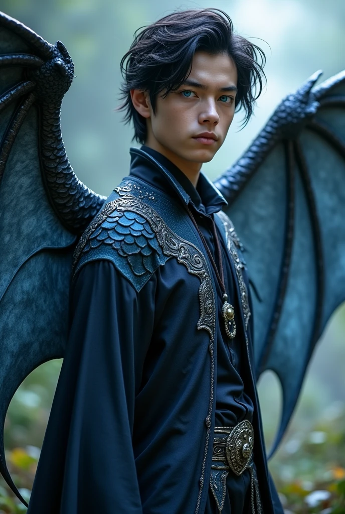Man, blue eyes, black hair, fae, dragon wings, age of 24