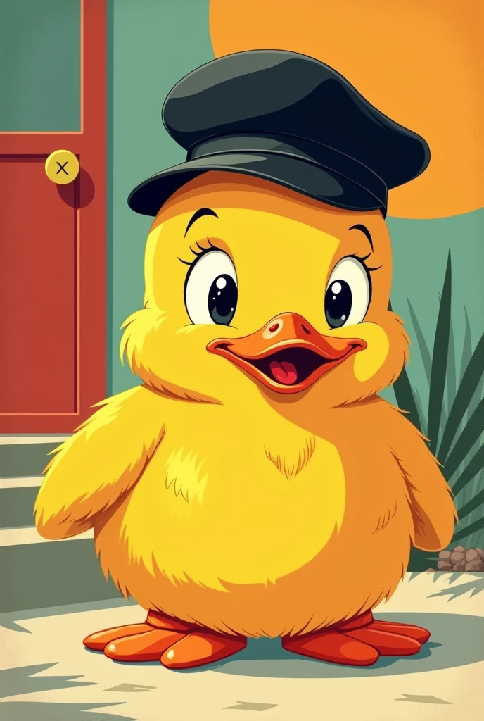 create me a cartoonish duck from the 60s with a black cap