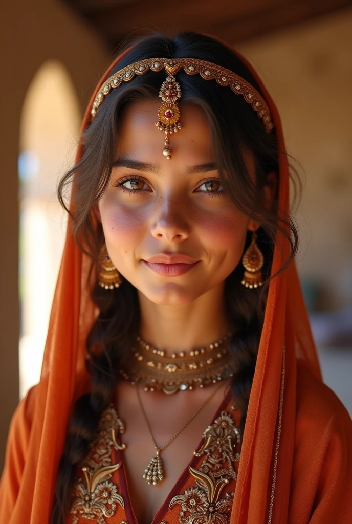"High-quality, 8k resolution image of a beautiful Rifian girl in a traditional Rifian house. She has light, textured skin with a sun-kissed and bronzed appearance, showing a natural blush from exposure to the sun, . Her eyes sparkle with life, and she is dressed in traditional Rifian attire. The scene is rich in detail with ultra-fine textures, showcasing traditional Rifian clothing, headpieces, and jewelry, r. The setting captures a soft lighting effect, vibrant colors, and a professional photography style, featuring a bokeh background, HDR, and hyper HD clarity."