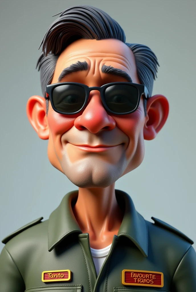 an indonesia man on his 40 , a calm yet deep face like a typical family man, top gun jet fighter pilot uniform , his name is tanto written written on his uniform left name tag, favourite trans written on right tag, using sun glasses, big head, 3d, short hair, portrait. grey background, 3d cartoon, caricature