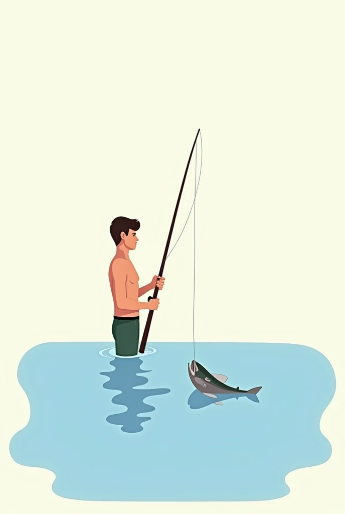 A fisherman clipart without clothes half way in the water,  stands in water and water is to his chest, and fishing, and comes to him an fish. The fisherman stands 90 degree on teh side and non facing  to camera.