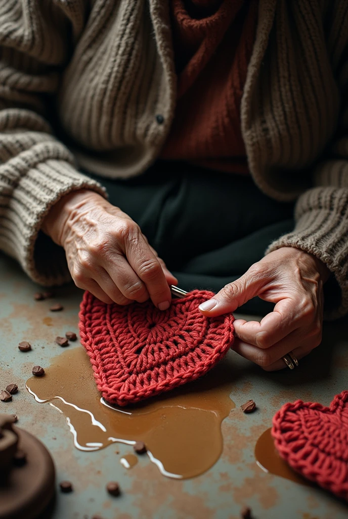 Old woman&#39;s hands crocheting a heart . The heart on the floor, dirty with spilled coffee