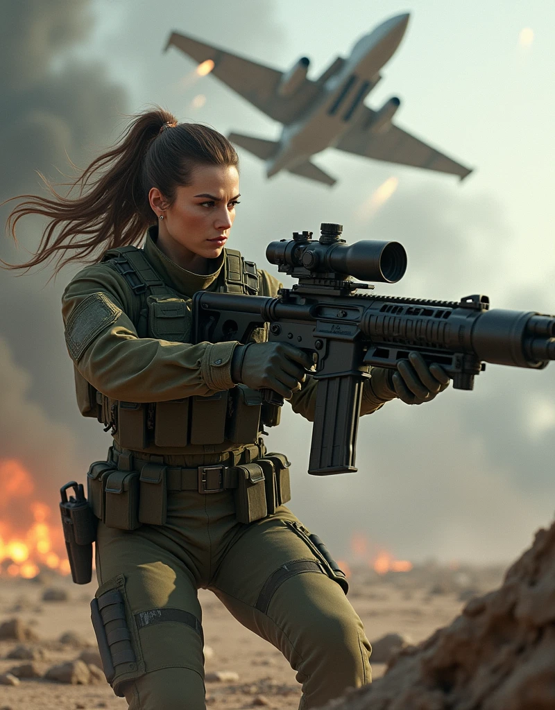 (Photorealism:1.2), Sexy woman, Female soldier attacking fighter plane with turret.