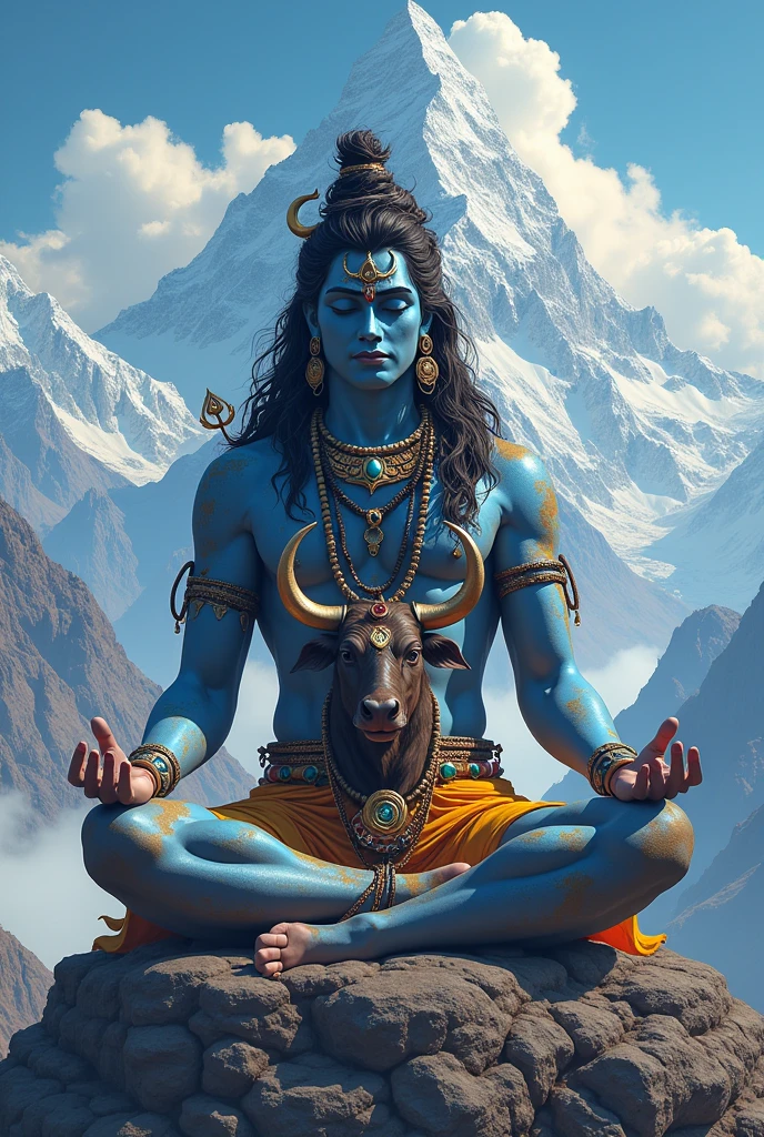 a lord shiva making tapasya with Nandi on top of Kailash parvat , by T Vaikuntham, full color illustration, by Max Dauthendey, full color digital illustration, archan nair, by Jitish Kallat, epic full color