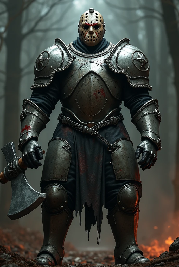 Jason Voorhees dressed in armor while holding a large axe with both hands