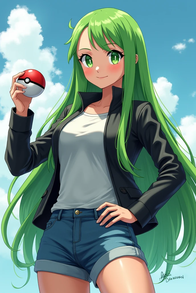 A beautiful woman wearing denim shorts, With a long-sleeved shirt and a leather jacket, he has long green hair and green eyes. His eyes are sharp and narrowed., hold a pokeball, anime style
