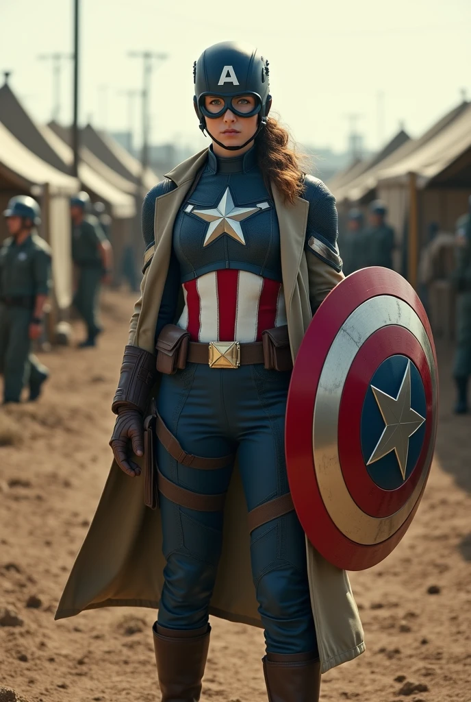 Imagine Female Captain America Costume in Side army camp, Wide Angle View, full shirt doctor clothes
