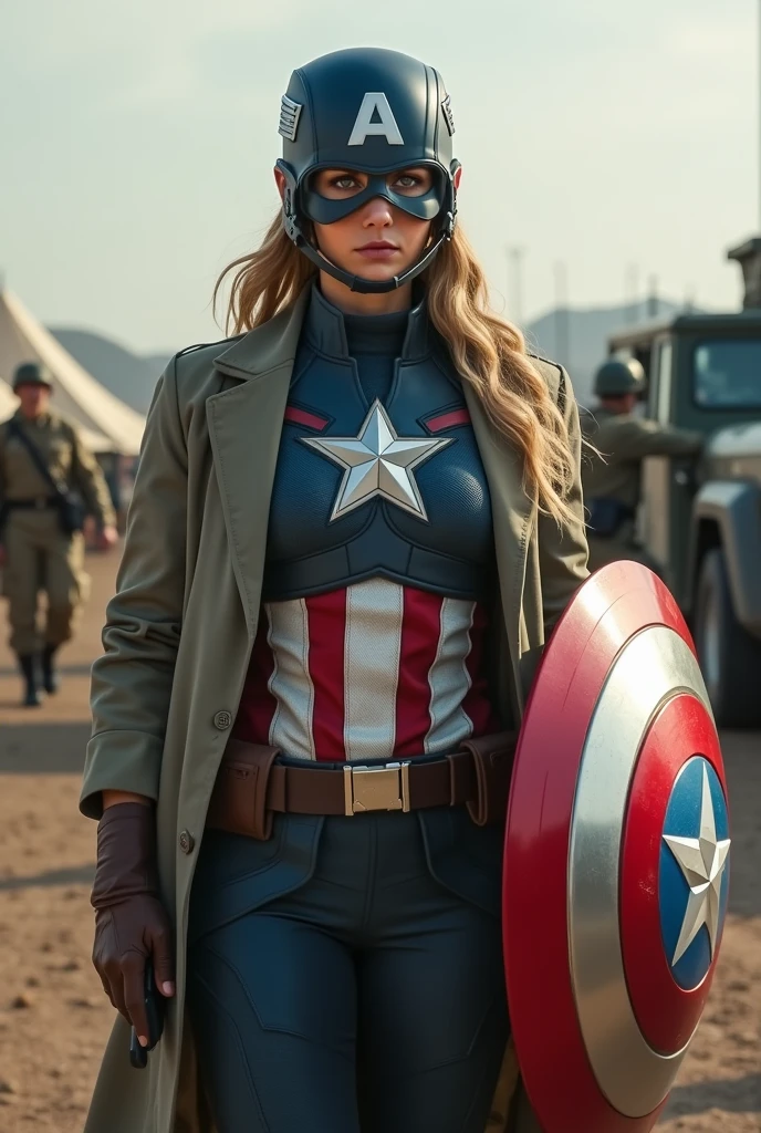 Imagine Female Captain America Costume in Side army camp, Wide Angle View, full shirt doctor clothes