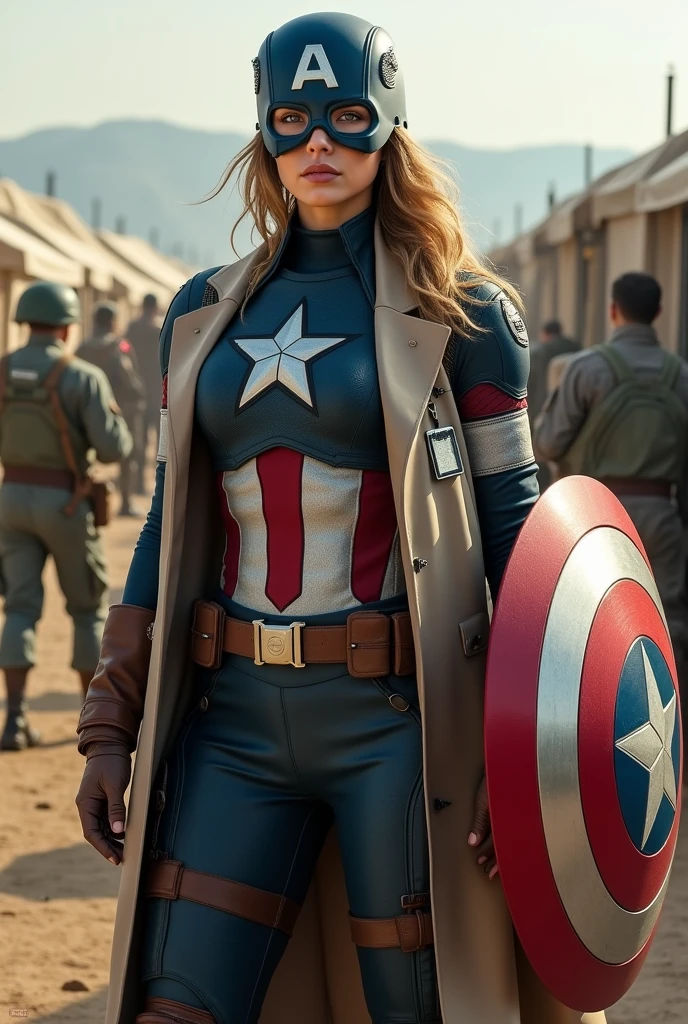Imagine Female Captain America Costume in Side army camp, Wide Angle View, full shirt doctor clothes