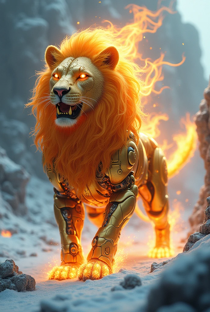 Make a cyborg lion out of gold and spitting fire and you see ice around it