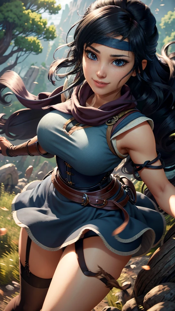 Kena da bridge of spirits,(best qualityer,4K,8k,high resolution,work of art:1.2)(weather: windy),spirit forest background, long curly hair, cropped shirt, long wavy dress, thigh high stockings, garter belt, magic scepter, headband, gloves, harness corset, wide hips, ultra detailed,realisitic,beautiful detailed blue eyes,beautiful detailed lips,extremely detailed eye and face, long eyelashes,sexly,average,large breasts,flying hair,beaming smile,powerful girl in a combat, combat stance,bright coloured,dramatic lighting,composition,