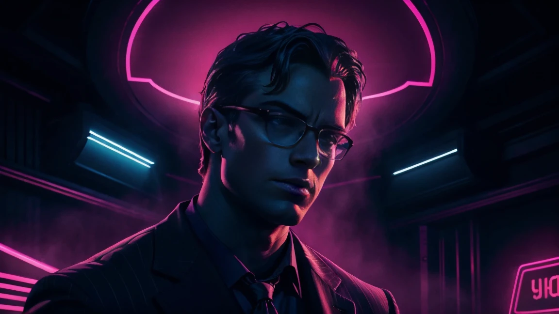 a man in a dark neon colored suit, won the crypto lottery, intricate details, dramatic lighting, photorealistic, cinematic, chiaroscuro, vibrant colors, dramatic pose, elegant, refined, sophisticated, wealthy, successful, confident