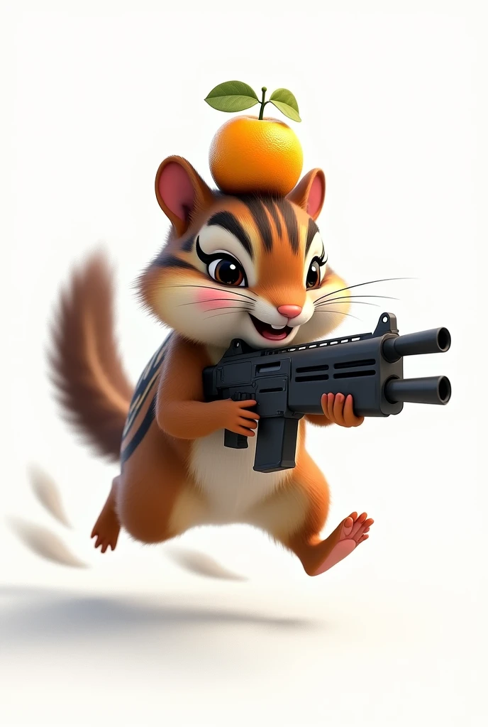 (masterpiece, best quality, ultra detailed, 8k, photorealistic:1.2, hyperrealistic photo:1.2), A female chipmunk is running with a machine gun, (A female chipmunk has a small Yuzu fruit on her head), (Female chipmunks have three lines of dark hair on their heads.), (Female chipmunks have pink cheeks), Background is white, Real,