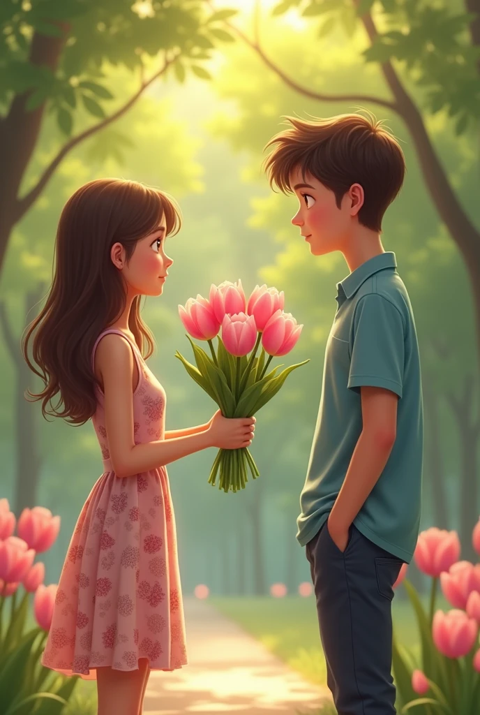 A girl giving pink tulips to a guy ,they should be s 
Make the guy a bit shy