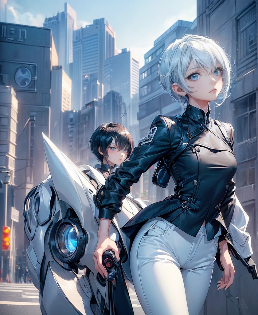 ((4K Works))、masterpiece、(Highest quality)、One beautiful girl、The body is slim、expensive、((Black Y-shirt and white pants、Charming street style))、Please wear a cropped jacket、(Beautiful eyes in every detail)、Morning City、Stylish city、During a walk、((short-haired gray hair))、((Makes your face smaller))、((Neutral face))、((Bright Blue Eyes))、((Adult female, 2))、((Cool woman))、((Like a celebrity))、((Korean Makeup))、((elongated and sharp eyes))、((boyish))、Professional photos、((Model Photo))、((Look up at the sky))、((Shooting from behind))、((She is looking upwards))、((Her eyes are looking up))、((Increase the angle of the face))、((She is walking in front of the viewer))、(Neckline),