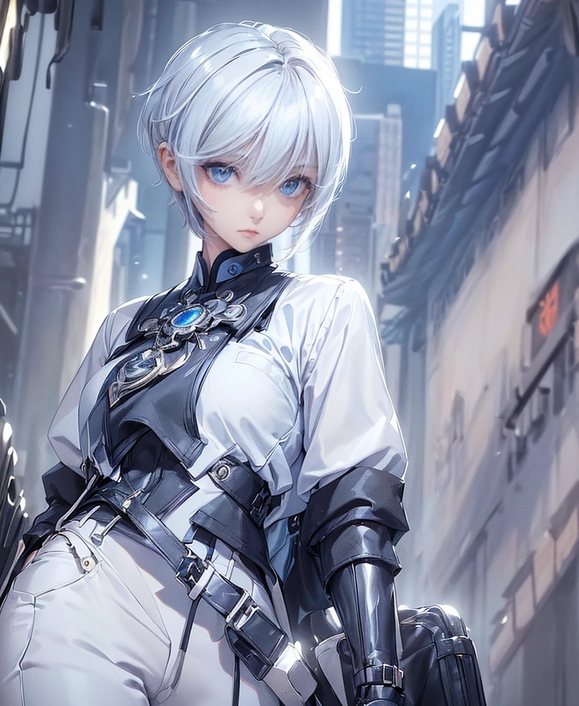 ((4K Works))、masterpiece、(Highest quality)、One beautiful girl、The body is slim、expensive、((Black Y-shirt and white pants、Charming street style))、Please wear a cropped jacket、(Beautiful eyes in every detail)、Morning City、Stylish city、During a walk、((short-haired gray hair))、((Makes your face smaller))、((Neutral face))、((Bright Blue Eyes))、((Adult female, 2))、((Cool woman))、((Like a celebrity))、((Korean Makeup))、((elongated and sharp eyes))、((boyish))、Professional photos、((Model Photo))、((Look up at the sky))、((Shooting from behind))、((She is looking upwards))、((Her eyes are looking up))、((Increase the angle of the face))、((She is walking in front of the viewer))、(Neckline),