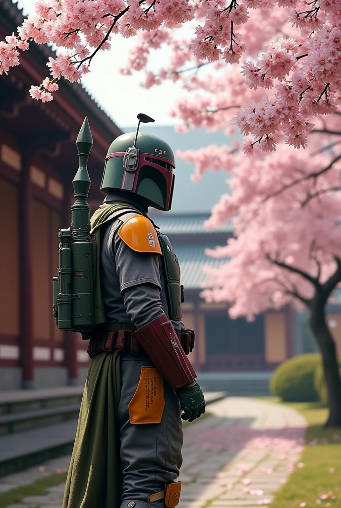 Boba Fett watches the cherry blossoms bloom at a temple in Kyoto、Star Wars、movie、Mandaean、