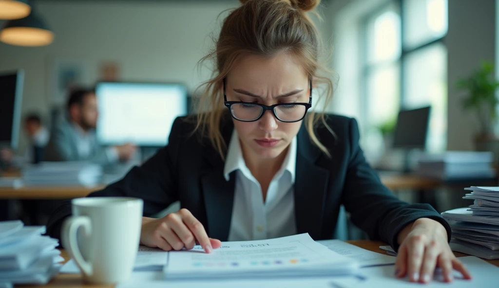 A hyper-realistic cinematic scene of a female office worker sitting at her cluttered desk, overwhelmed by a towering stack of files and paperwork. Captured with a Canon EOS R5 using a Zeiss Master Prime 50mm f/1.4 lens, the worker is dressed in a professional, slightly disheveled business outfit, with her glasses perched on her nose and a tired but determined expression on her face. The lighting is soft and natural, streaming in from a nearby window, casting gentle shadows and creating a warm yet subdued atmosphere. A shallow depth of field (f/2.0) focuses on her face and the nearest files, blurring the background into a typical corporate office setting with cubicles and computer screens. Papers are slightly askew, a coffee mug rests precariously near the edge, and her hands are mid-action, rifling through documents. The scene captures the everyday struggle and quiet resilience of office life, with a cinematic touch that highlights the relatable tension and perseverance of the modern worker
