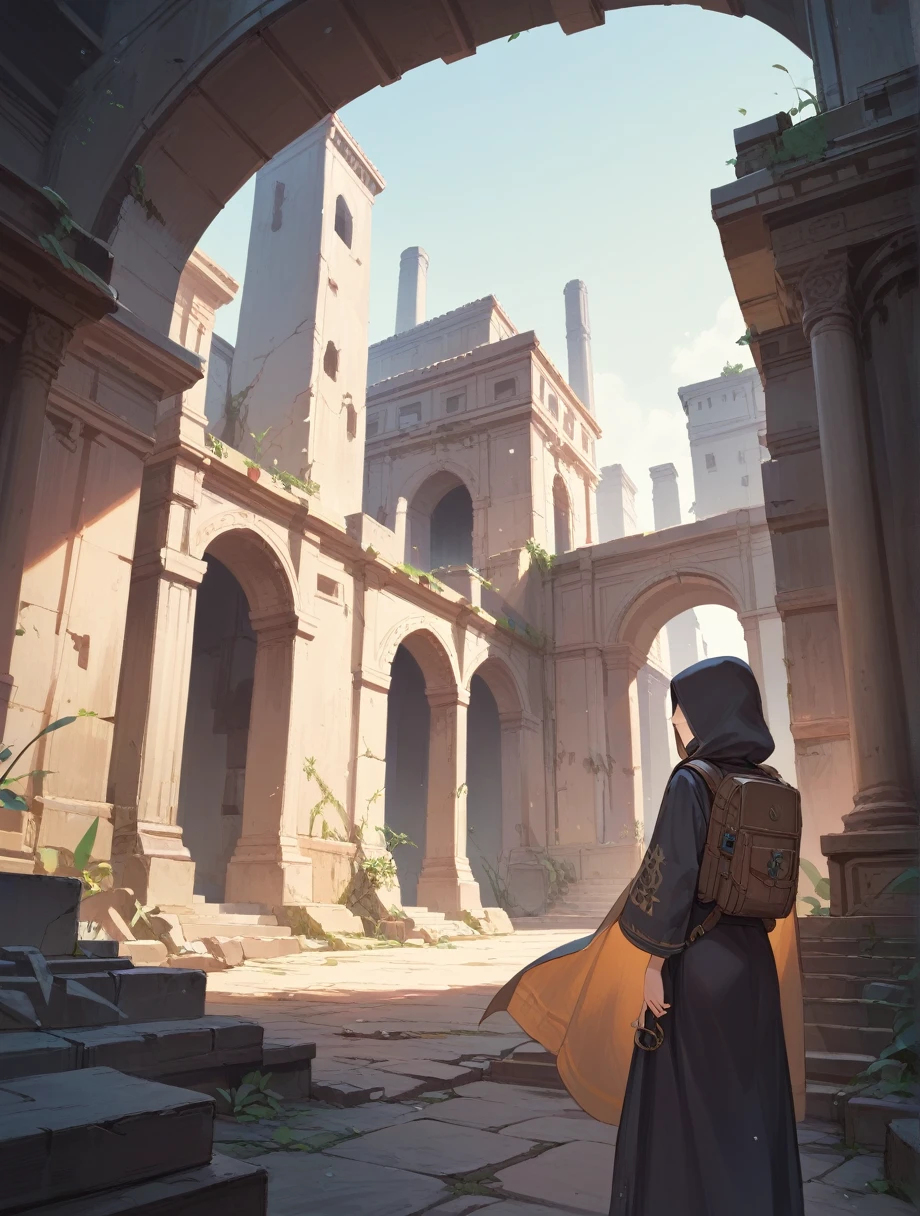 score_9, score_8_up, score_7_up, score_anime, masterpiece, best quality, delicate illustration, sharp line, sharp focus, BREAK,Traveler girl wandering in the ruins of endless night, the girl is wearing a hood, a lot of baggage in her backpack.