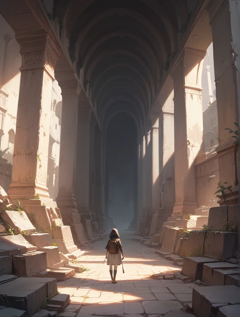 score_9, score_8_up, score_7_up, score_anime, masterpiece, best quality, delicate illustration, sharp line, sharp focus, BREAK,Traveler girl wandering in the ruins of endless night, the girl is wearing a hood, a lot of baggage in her backpack.