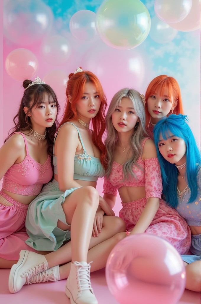 kpop group photo it's 5 members in a photoshoot with bubbles all have fair skin one has brown hair one has ginger the other silver and another red while the last one has blue their wearing outfits in the concept bubble so blue