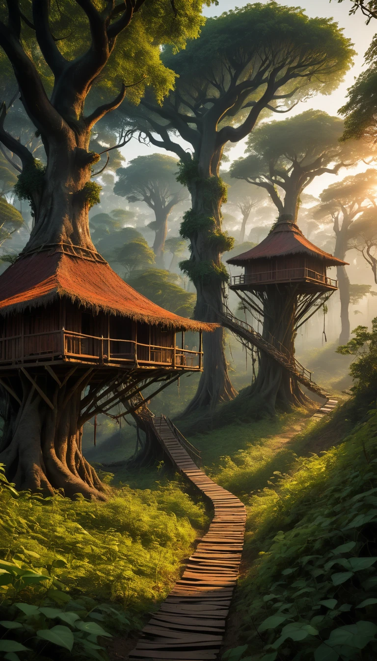 A cinematic, wide-angle view captures the Ash People’s village at dusk, located deep within a dense, mystical forest. The village is nestled amidst a thicket of large, ancient trees with dark, twisted branches that reach upwards, forming a natural canopy. These trees have gnarled roots that curl around the huts, blending seamlessly with the surroundings. Elevated huts, constructed from wood, vines, and large leaves, stand on stilts high above the forest floor. A network of rope bridges connects these huts, swaying gently in the evening breeze. The entire scene is bathed in the warm, orange, and red hues of the setting sun, creating a dramatic contrast with the deep green and brown of the forest. Long shadows stretch across the forest floor, and wisps of smoke curl upwards from multiple fires, giving a hint of the Ash People’s presence and activity. The ambiance is mysterious, evoking a sense of ancient wisdom and deep-rooted traditions.
Key Elements: Dense forest, large ancient trees with twisted branches, elevated huts on stilts, rope bridges, setting sun casting long shadows, smoke rising, warm hues of orange and red.