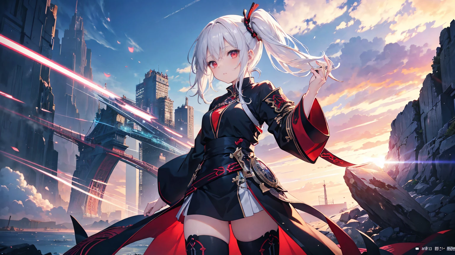 masterpiece, best quality, detailed)、1 female、Silver Hair Long、Red Eyes,Side Ponytail,Waist-length hair,White hair and red eyes,Side Ponytail,Waist-length hair,Thick black silk,Boots,Highly detailed official artwork, Epic Light Novel Cover Art, epic Light novel cover art, Anime style 4k, detailed关键动画艺术, Light novel cover art, Anime Fantasy Artwork
