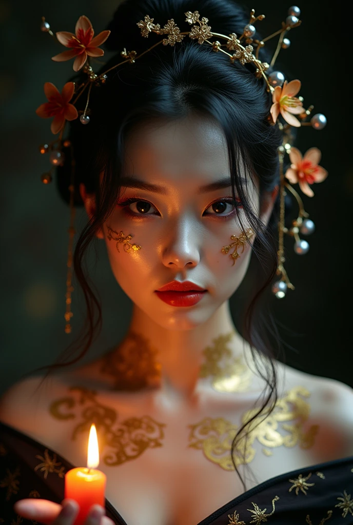 A realistic photo of a beautiful Japanese woman with porcelain skin wearing an elaborate golden hairpin with a delicate pattern of branches and flowers in her dark hair. She wears dramatic makeup with gold eyeshadow, deep purple eyeliner and deep orange lipstick. Her face and neck are decorated with unusual golden patterns. The background is deeply shadowed. A candle flame is lit from a distance on her face, making for a very mesmerizing image. High resolution, high quality.