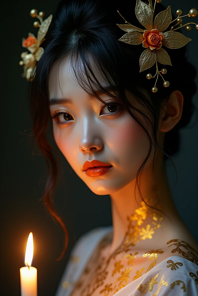 A realistic photo of a beautiful Japanese woman with porcelain skin wearing an elaborate golden hairpin with a delicate pattern of branches and flowers in her dark hair. She wears dramatic makeup with gold eyeshadow, deep purple eyeliner and deep orange lipstick. Her face and neck are decorated with unusual golden patterns. The background is deeply shadowed. A candle flame is lit from a distance on her face, making for a very mesmerizing image. High resolution, high quality.