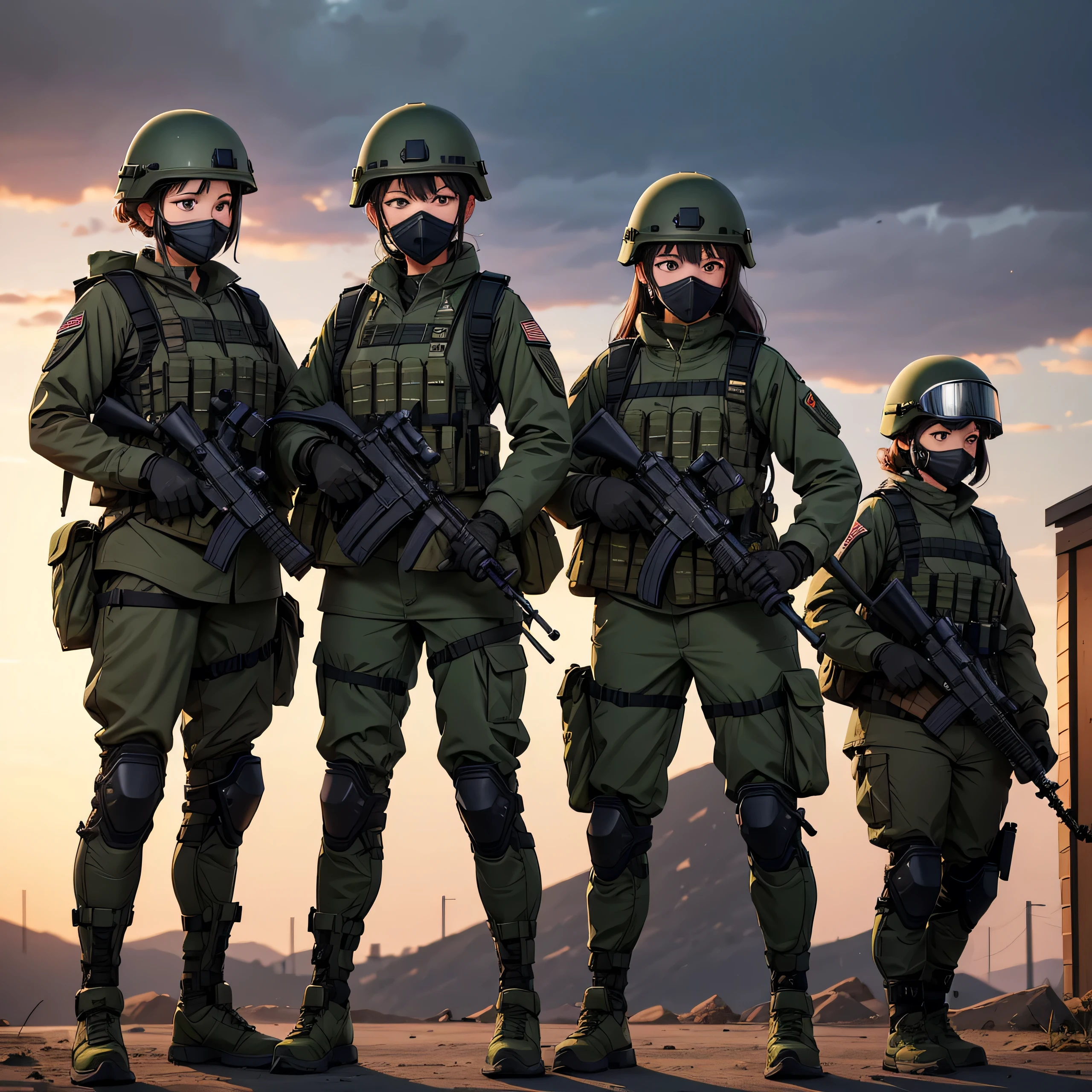 Three female special forces soldiers wearing dark green M-51 military uniforms、Put on a helmet、Wear goggles、wearing gas masks、Individual equipment set、Knee pads、Standing guard at dusk、Write details、masterpiece、best quality、Highly detailed CG、8K picture quality