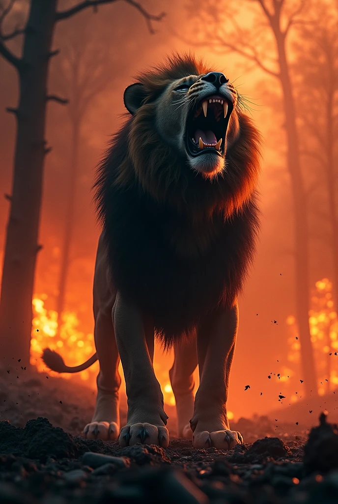 Black lion roaring in buring forest 