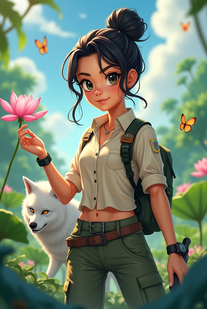 She is a girl who likes nature, she likes free style and aesthetics. She style is fierce. She symbolizes a woman with a high IQ and of course she is beautiful, with black eyes . Make it in animated form There is always a lotus flower that she likes. And he likes butterflies. He likes it in the house. Dress like an adventurer. Wearing an cream colored shirt , cargo pants Cream colored and adventure Knife in hand And hair in a bun. Ada serigala sangat menyeramkan berwarna putih di bawah tangan