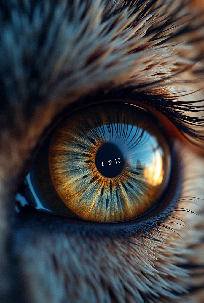 Extreme close-up of a single coyote eye, direct frontal view. Detailed iris and pupil. Sharp focus on eye texture and color. Natural lighting to capture authentic eye shine and depth. The word "MISTERIO" is written inside the eye as a reflect or that word, white brush strokes almost visible texture. And in the background you can see the universe with stars, and big colored nebulas
