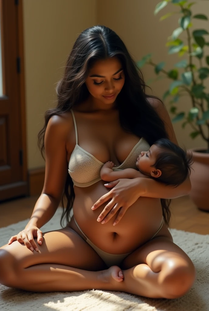 A Indian girl with long hair and big breasts wearing transparent bra and underwear sits with her legs stretched out, taking a realistic photo and breastfeeding her chil